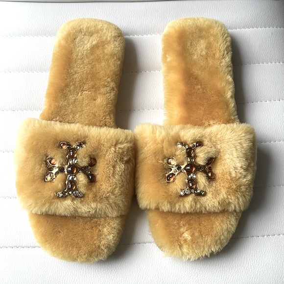 Tory Burch Shoes - Tory Burch Cross Yellow Jeweled Shearling Slides Brand New Mother’s Day Gift!